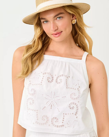 Maisey Top - Resort White Shell Of A Time Engineered Eyelet
