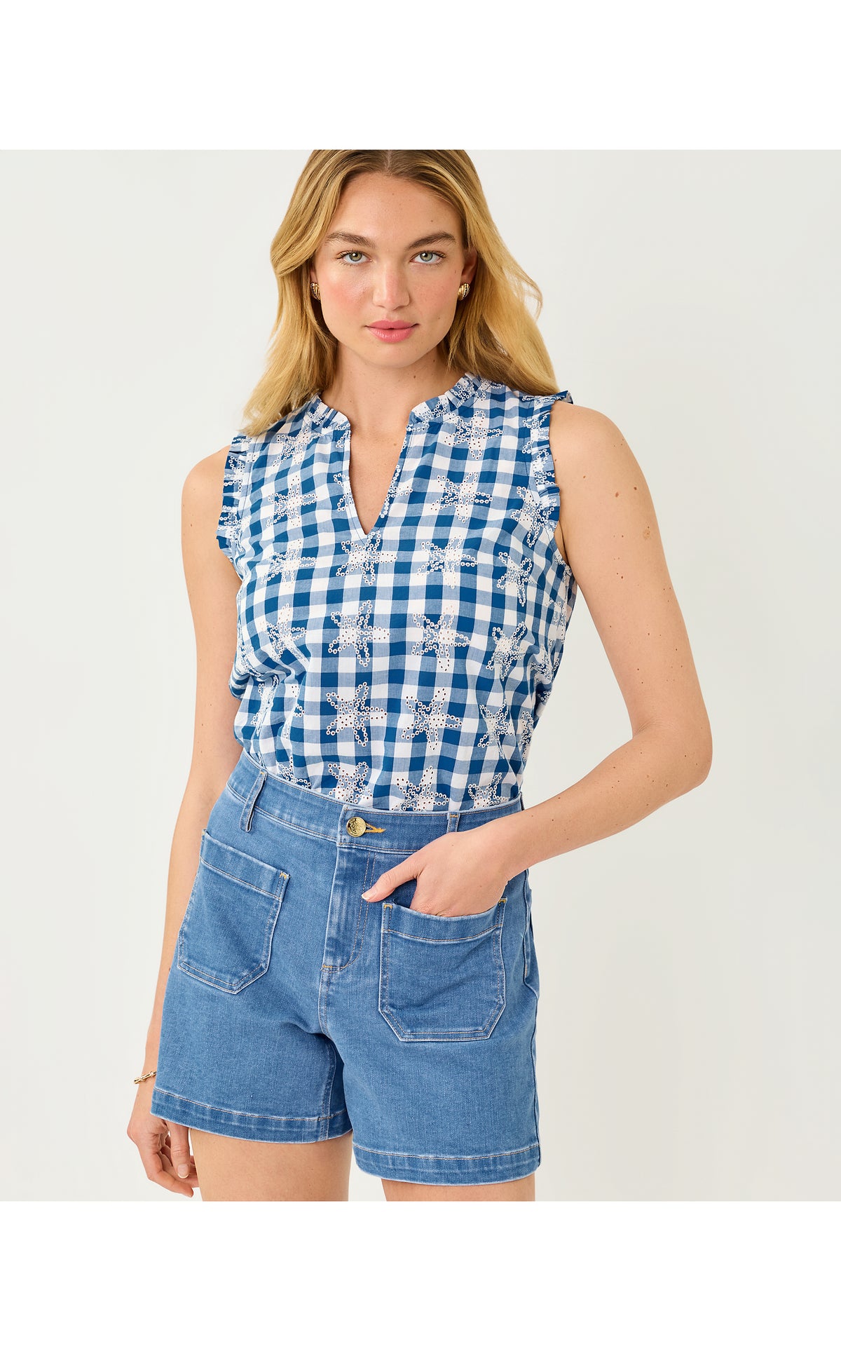 Fishling Ruffle Kavalla Sleeveless Ruffle Top - Starlight Navy Starfishing Embroidered ...