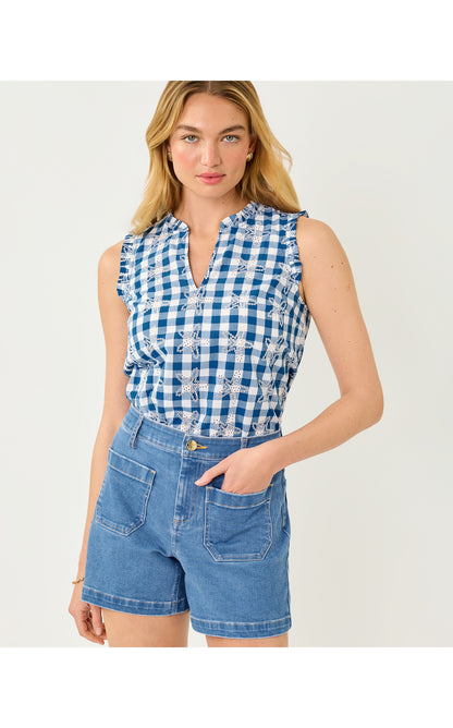 Kavalla Sleeveless Ruffle Top - Starlight Navy Starfishing Embroidered Gingham
