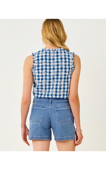 Kavalla Sleeveless Ruffle Top - Starlight Navy Starfishing Embroidered Gingham