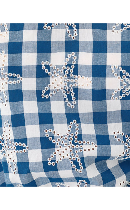 Kavalla Sleeveless Ruffle Top - Starlight Navy Starfishing Embroidered Gingham