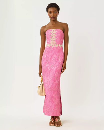 Kristella Maxi Dress - Conch Shell Pink Glitter Crinkle Brocade