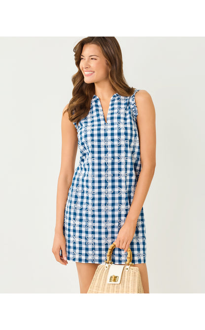 Kavalla Popover Dress - Starlight Navy Starfishing Embroidered Gingham