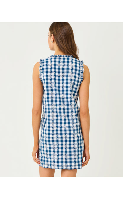 Kavalla Popover Dress - Starlight Navy Starfishing Embroidered Gingham