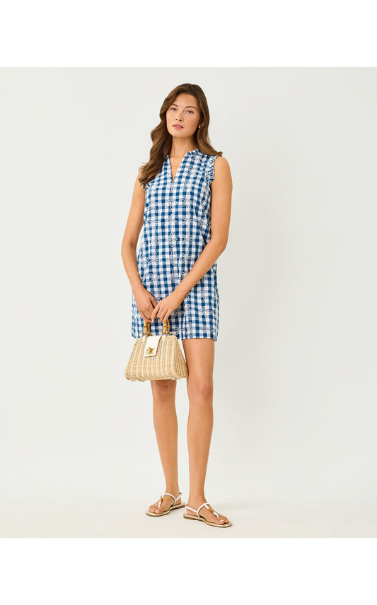 Kavalla Popover Dress - Starlight Navy Starfishing Embroidered Gingham