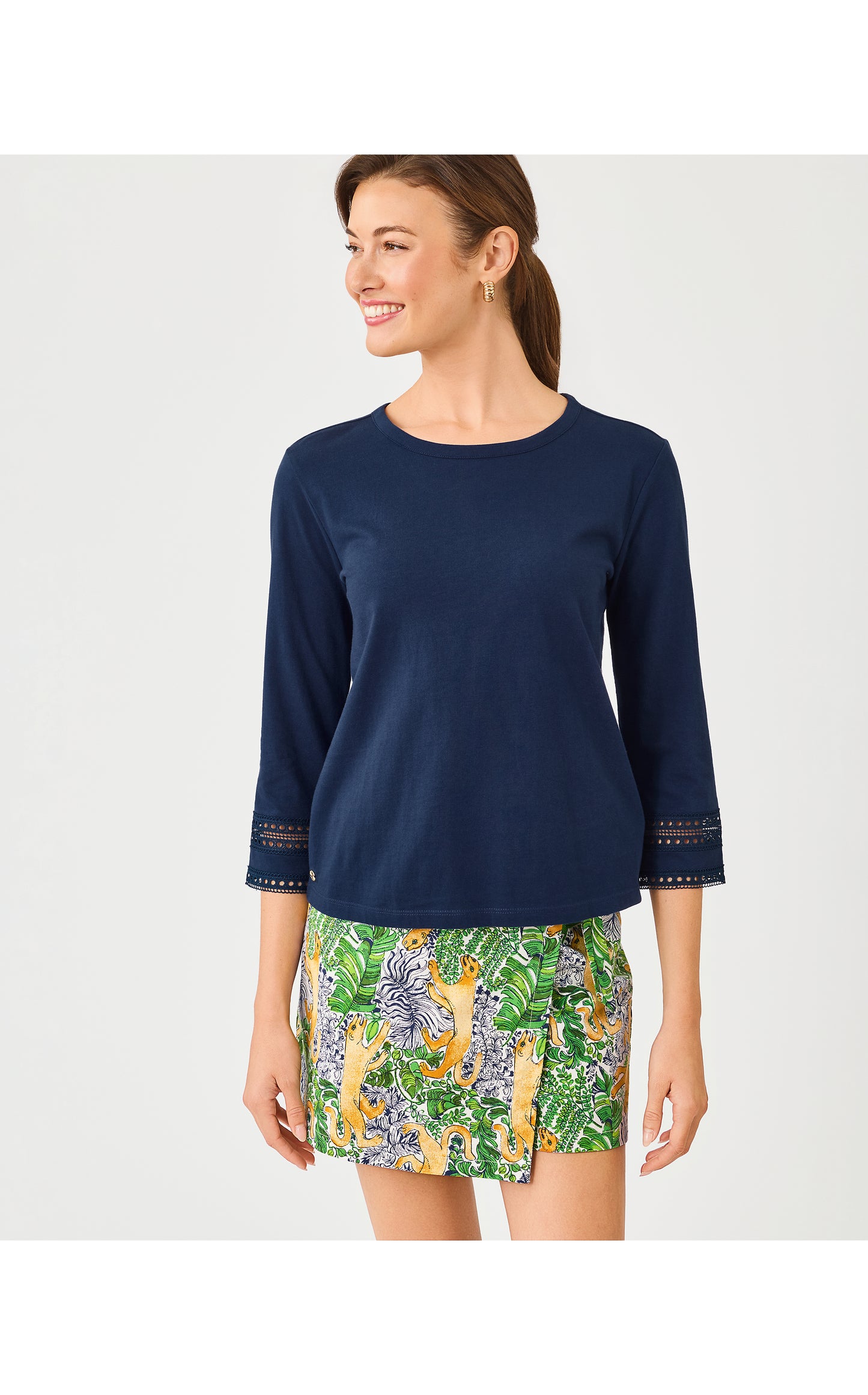 Clairmont 3/4 Sleeved Trimmed Knit Top - Low Tide Navy