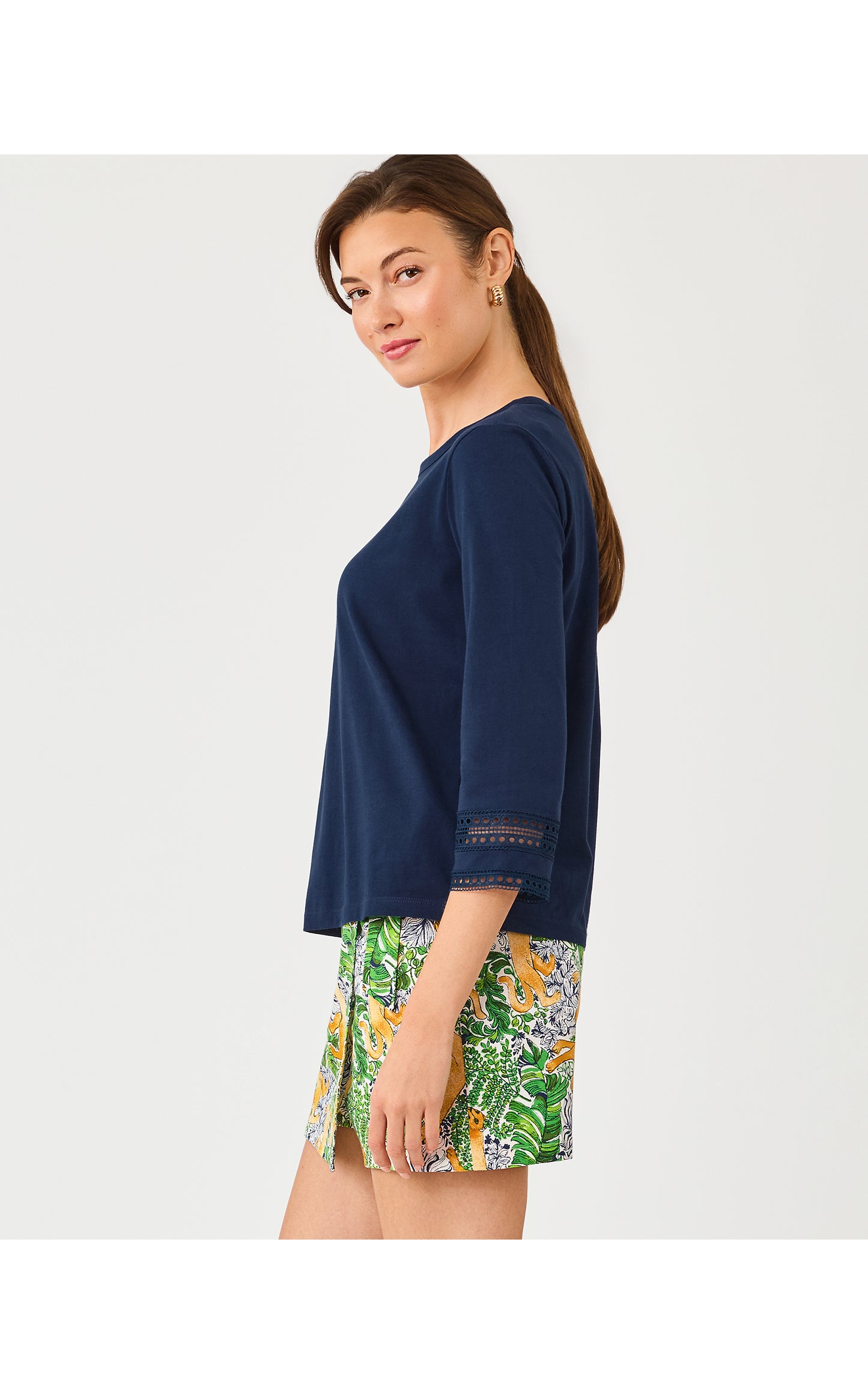Clairmont 3/4 Sleeved Trimmed Knit Top - Low Tide Navy