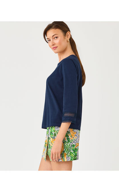 Clairmont 3/4 Sleeved Trimmed Knit Top - Low Tide Navy