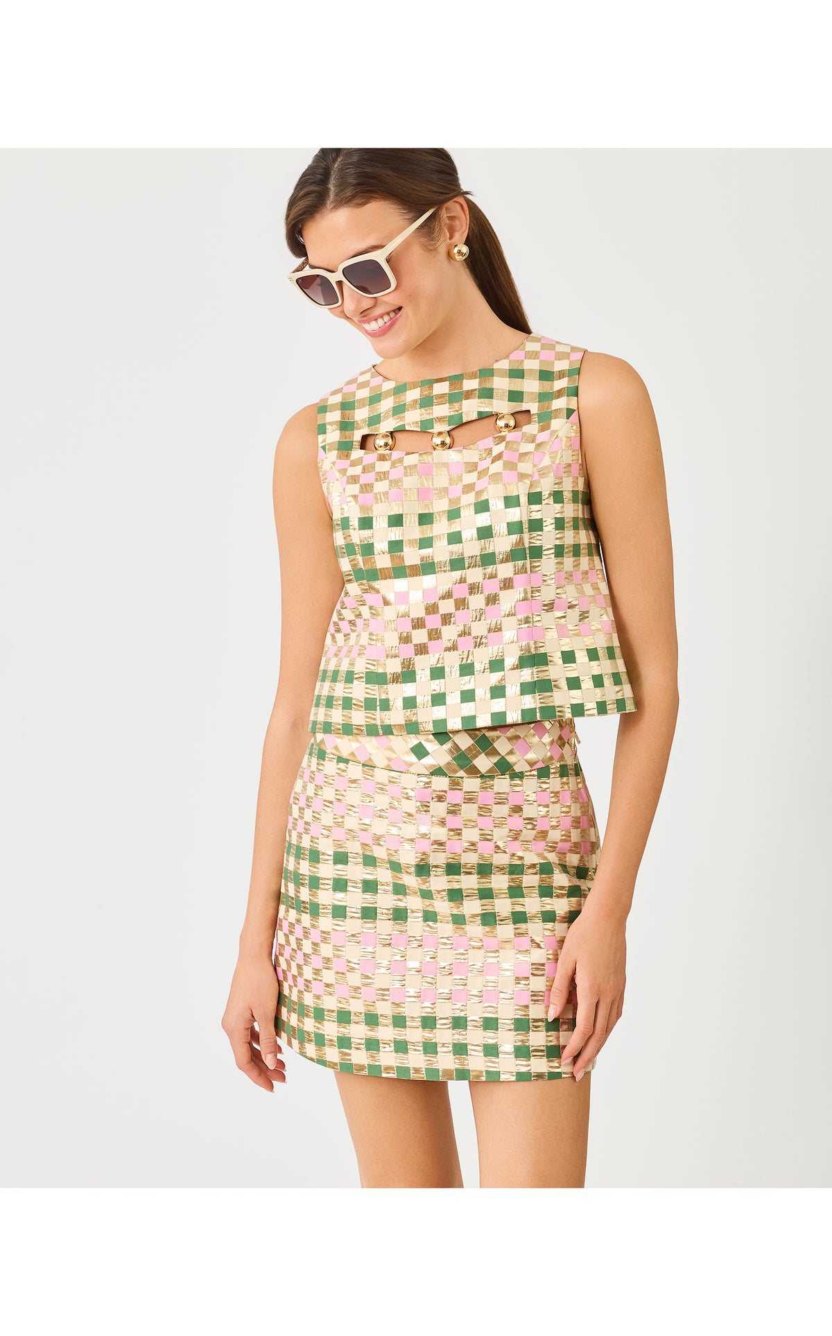 Paloma Sleeveless Cropped Top - Oregano Golden Gingham Jacquard
