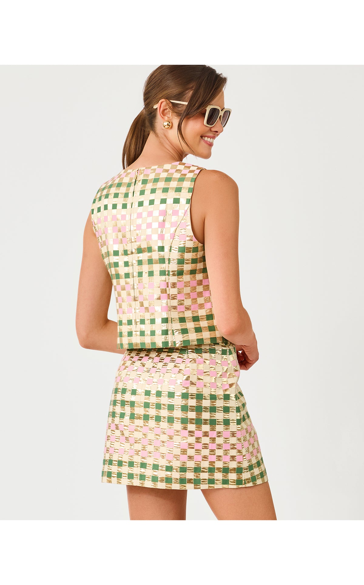 Paloma Sleeveless Cropped Top - Oregano Golden Gingham Jacquard