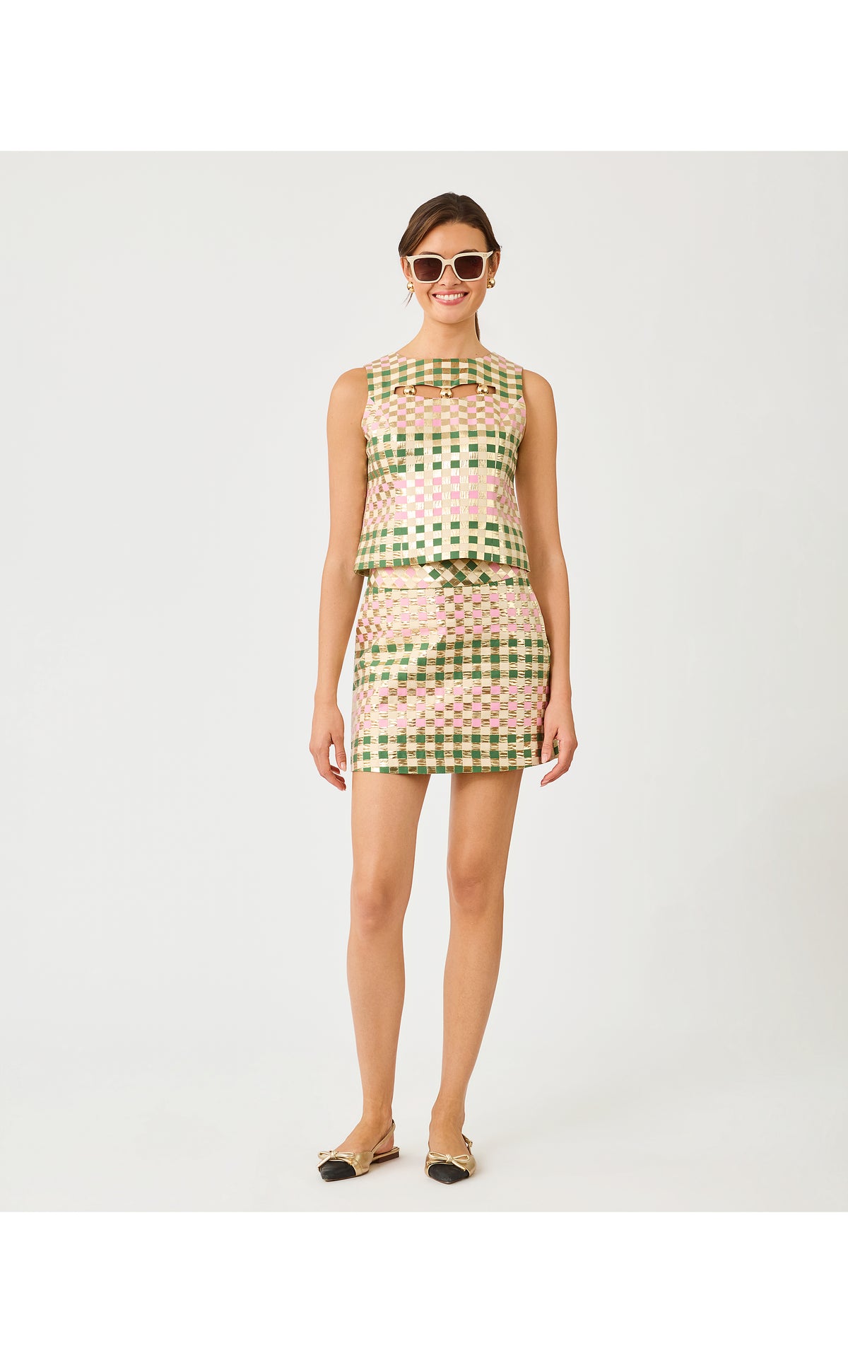 Paloma Sleeveless Cropped Top - Oregano Golden Gingham Jacquard