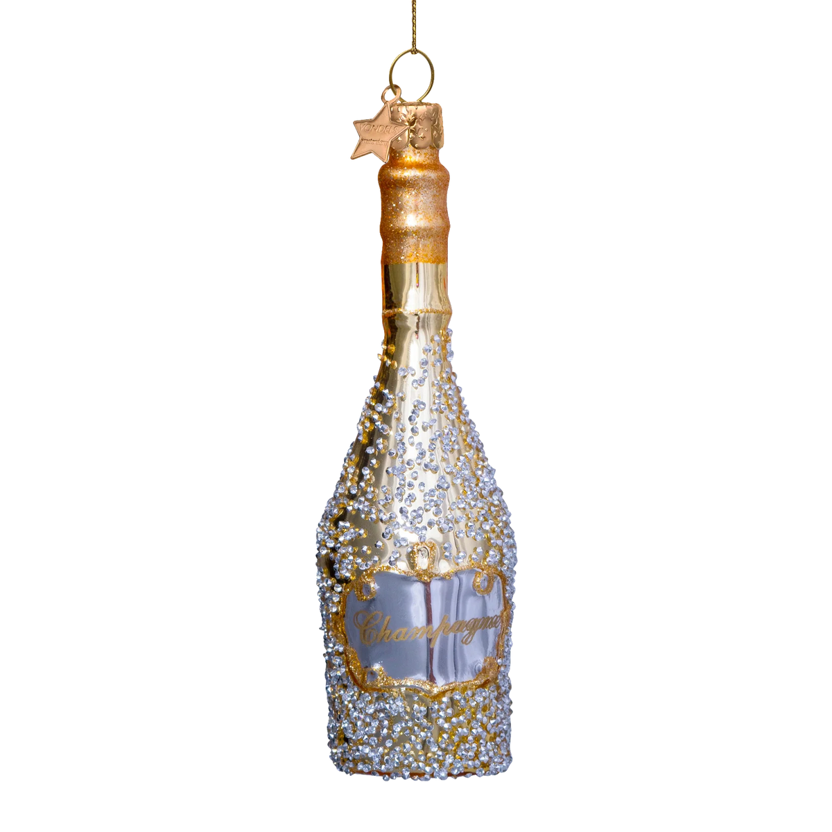 Ornament glass gold champagne bottle w/diamonds
