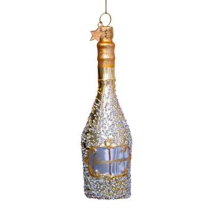 Ornament glass gold champagne bottle w/diamonds