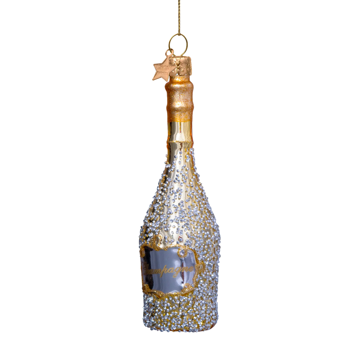 Ornament glass gold champagne bottle w/diamonds