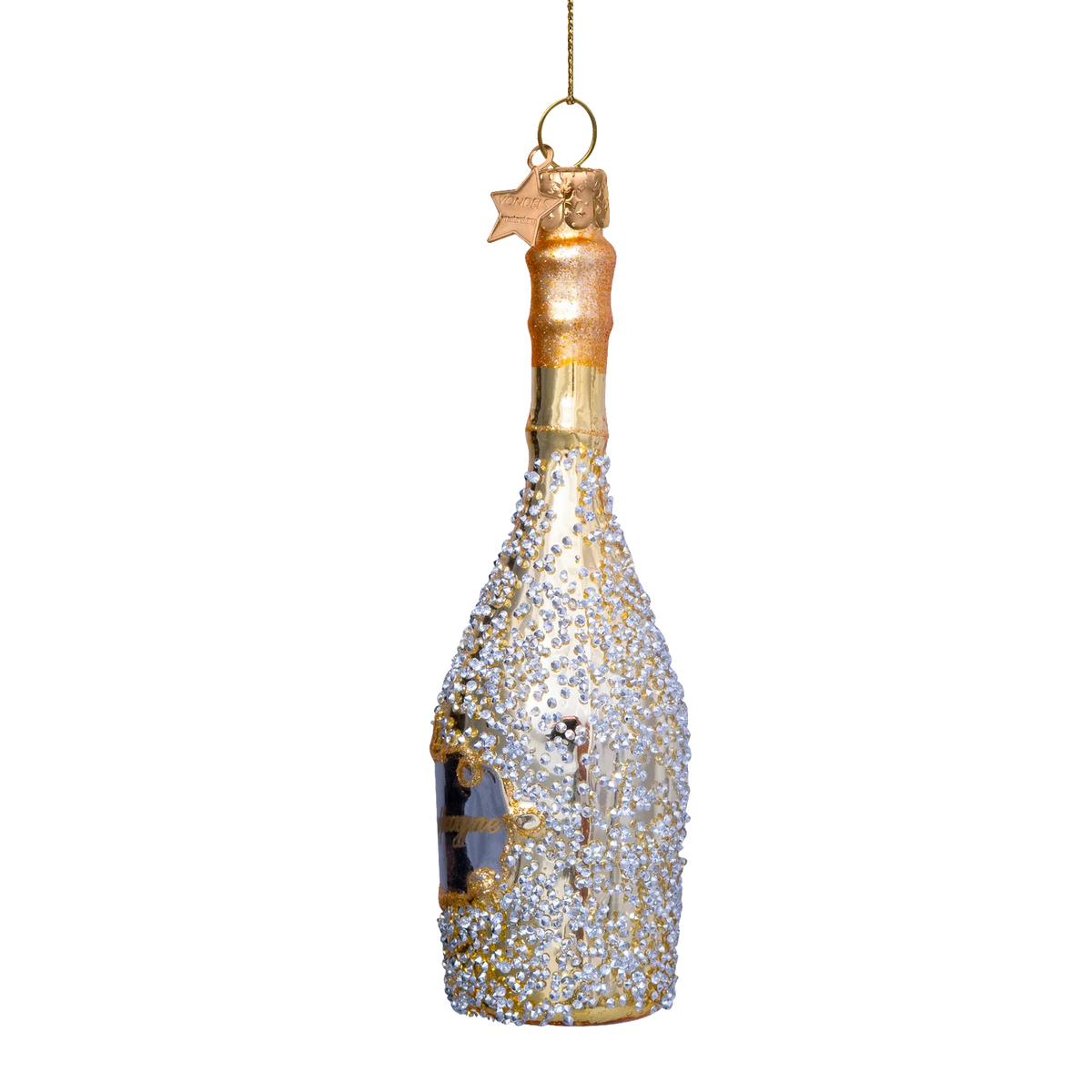 Ornament glass gold champagne bottle w/diamonds