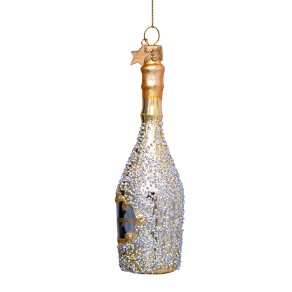 Ornament glass gold champagne bottle w/diamonds
