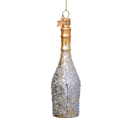 Ornament glass gold champagne bottle w/diamonds