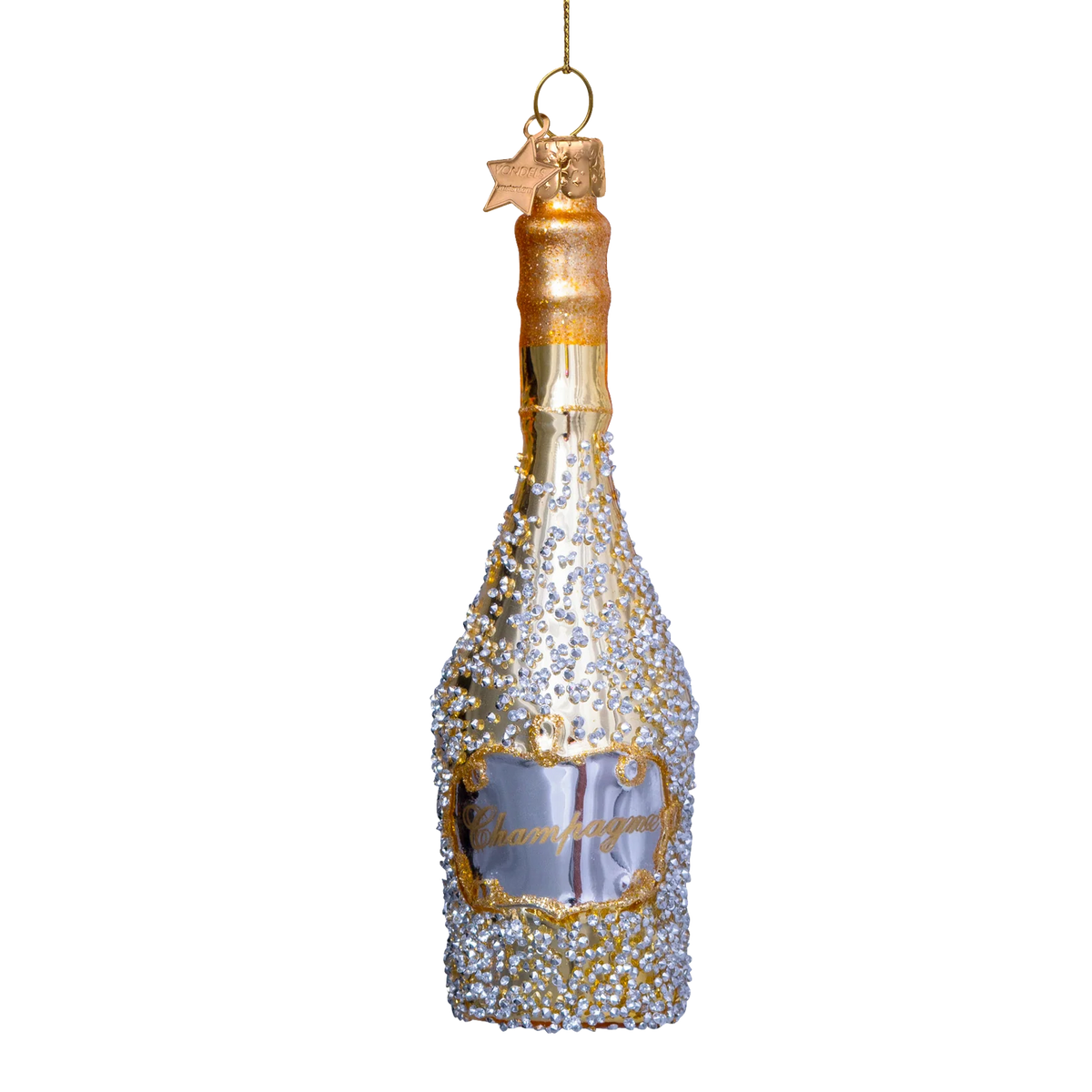 Ornament glass gold champagne bottle w/diamonds