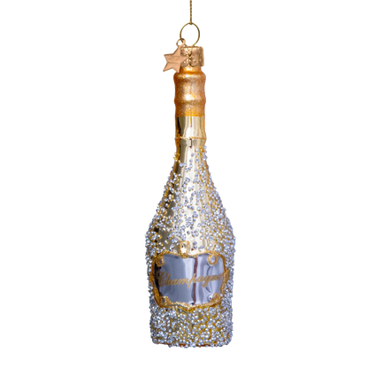 Ornament glass gold champagne bottle w/diamonds