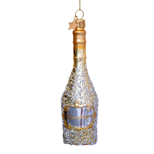 Ornament glass gold champagne bottle w/diamonds