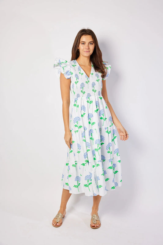 Hydrangea Block Print V-Neck Smocked Midi Dress