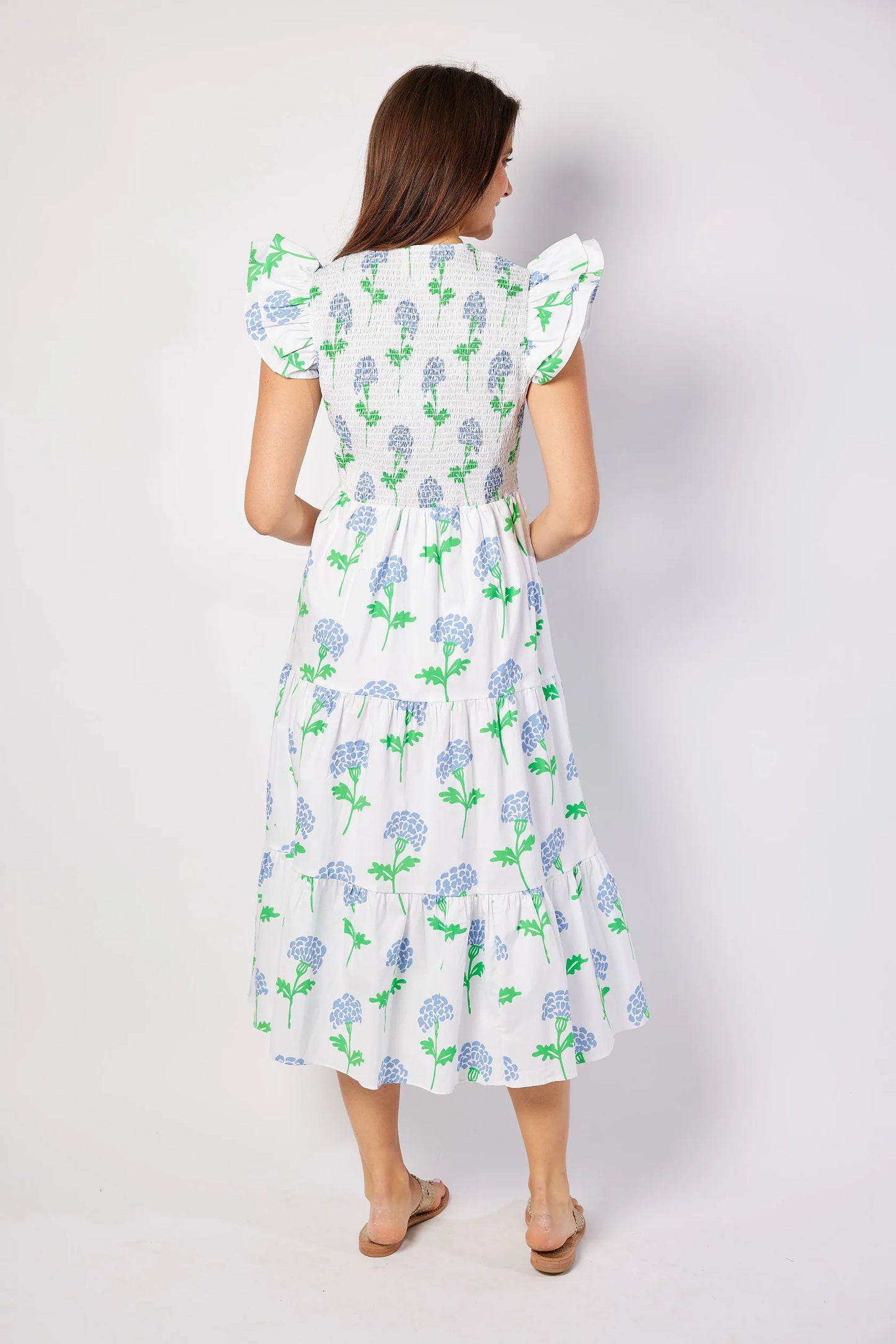 Hydrangea Block Print V-Neck Smocked Midi Dress