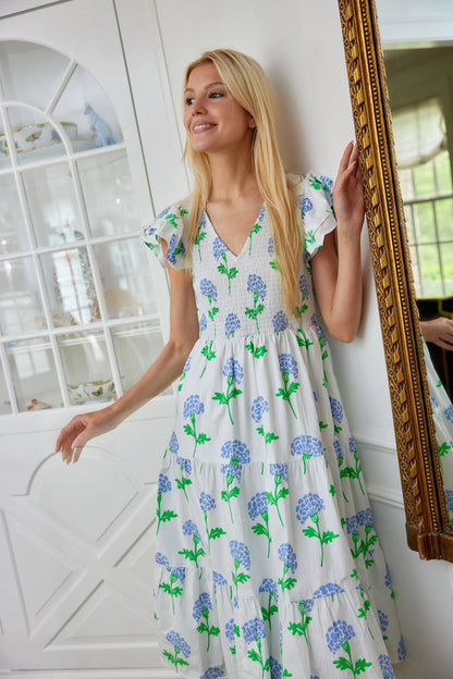 Hydrangea Block Print V-Neck Smocked Midi Dress
