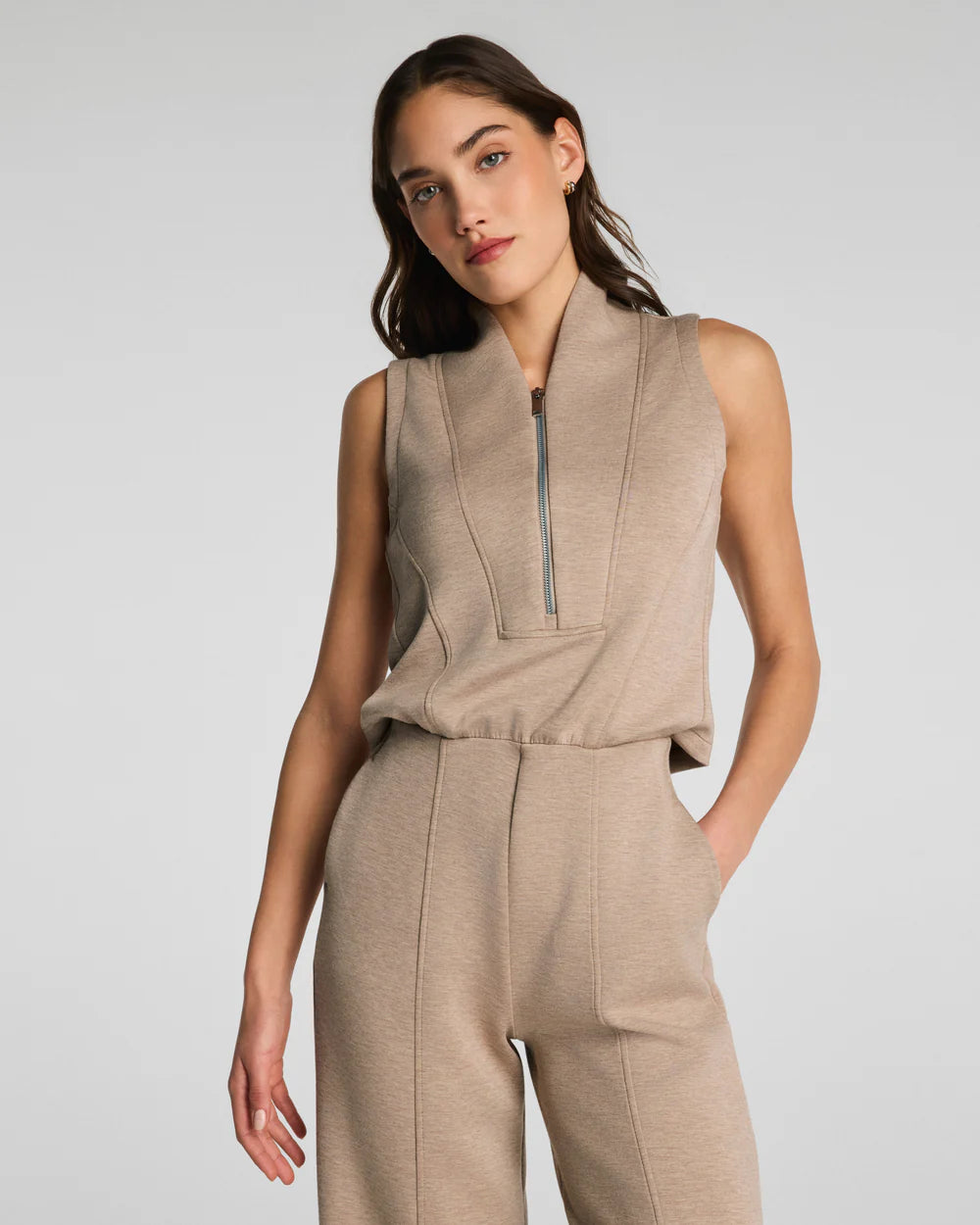 SPANX AirEssentials® Shawl Collar Half Zip Jumpsuit - Dune Heather