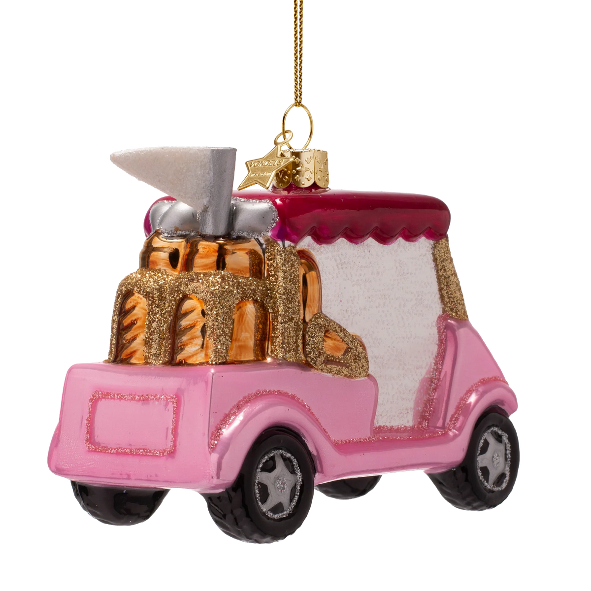 Ornament glass opal pink golf car w/pink roof