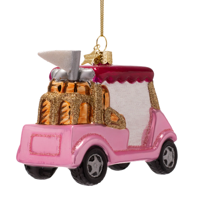 Ornament glass opal pink golf car w/pink roof