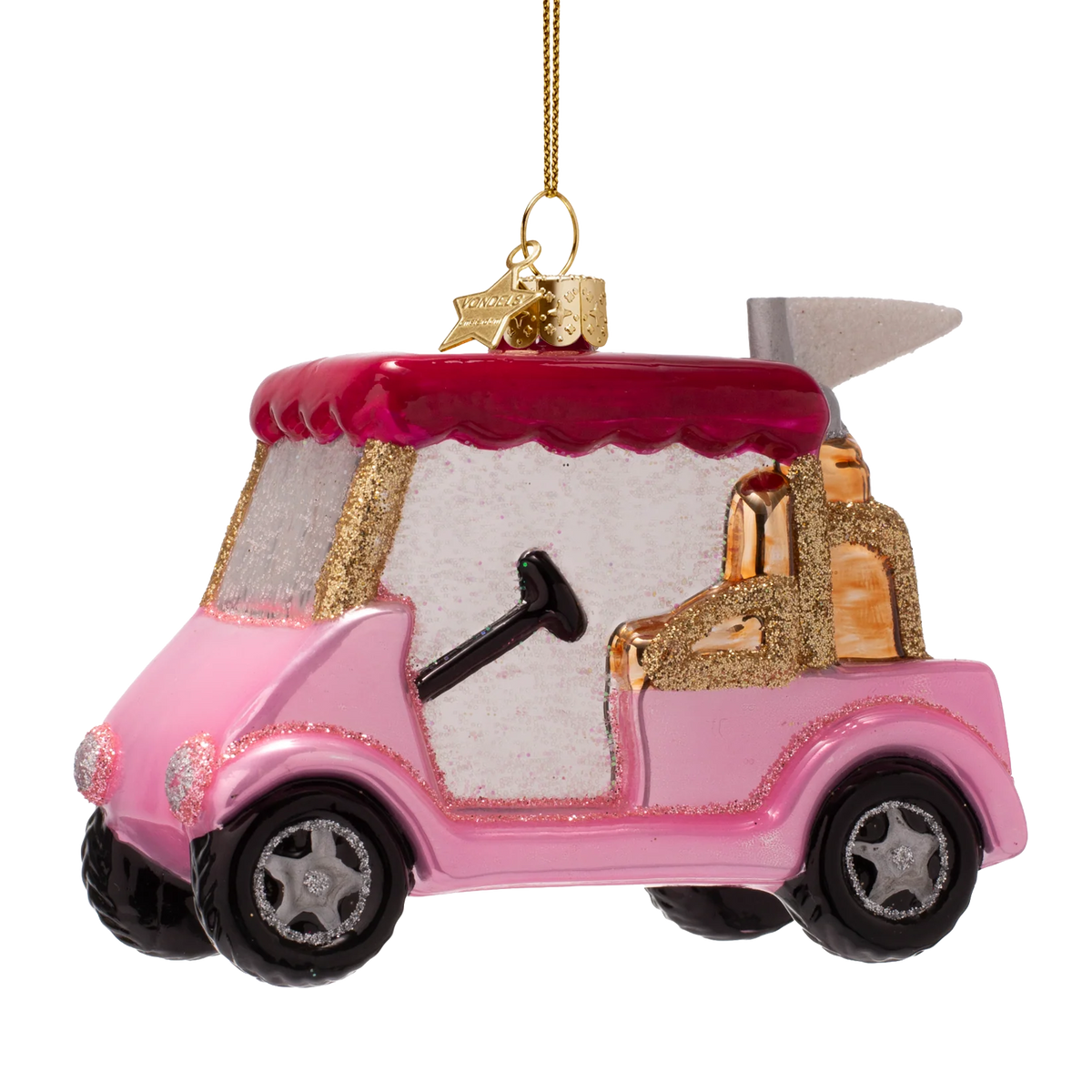 Ornament glass opal pink golf car w/pink roof