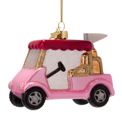 Ornament glass opal pink golf car w/pink roof