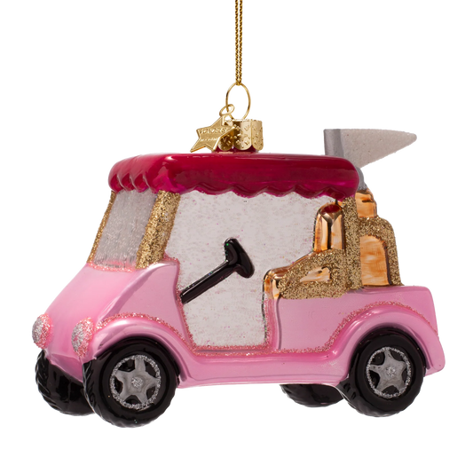 Ornament glass opal pink golf car w/pink roof