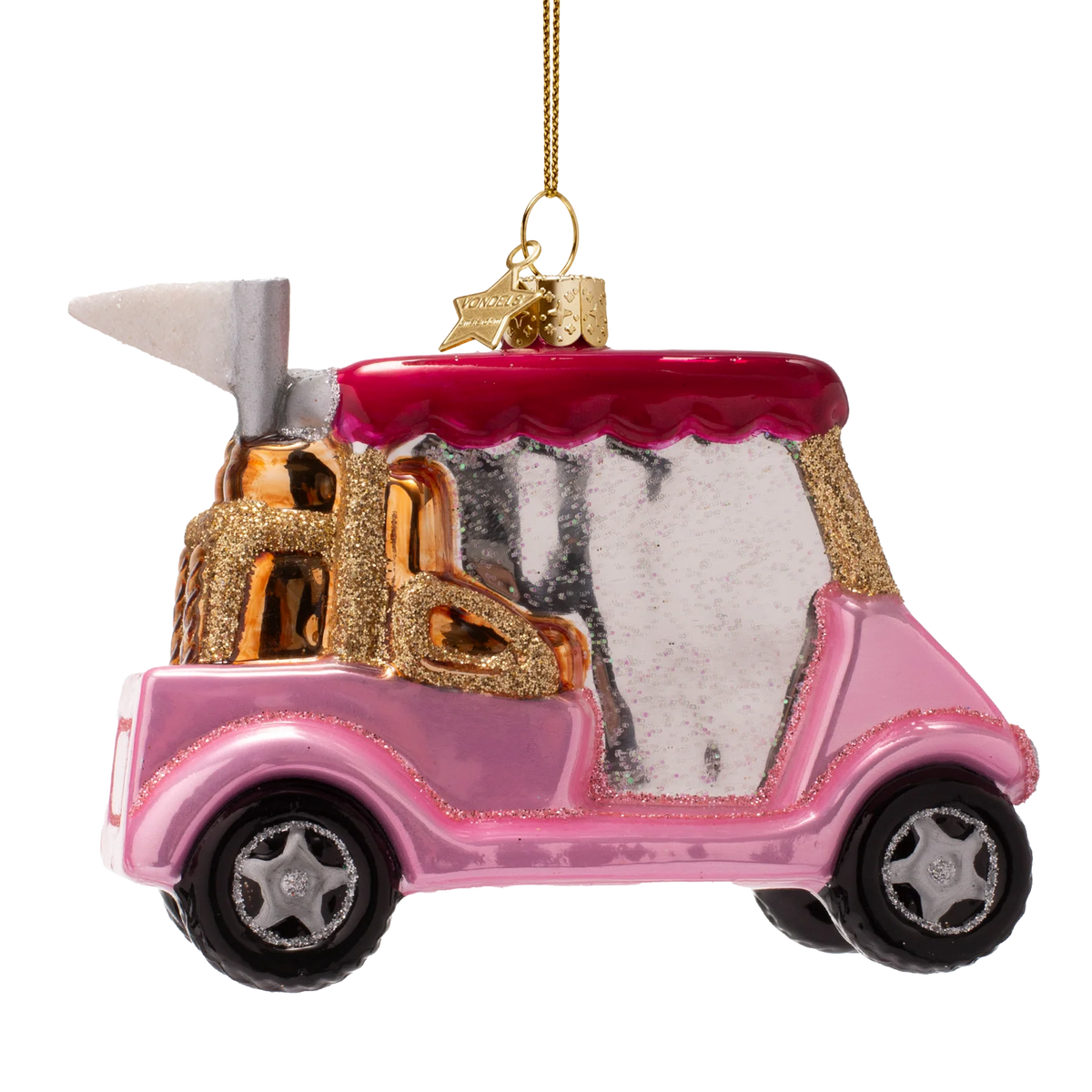 Ornament glass opal pink golf car w/pink roof