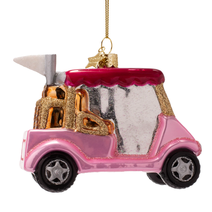 Ornament glass opal pink golf car w/pink roof