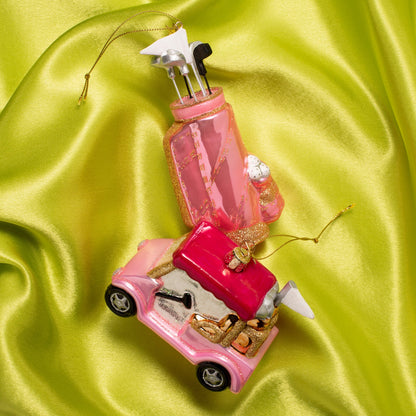 Ornament glass opal pink golf car w/pink roof
