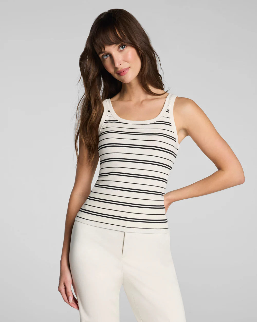 SPANX® Ribbed Knit Scoop Neck Tank - Linen/Classic Black Stripe