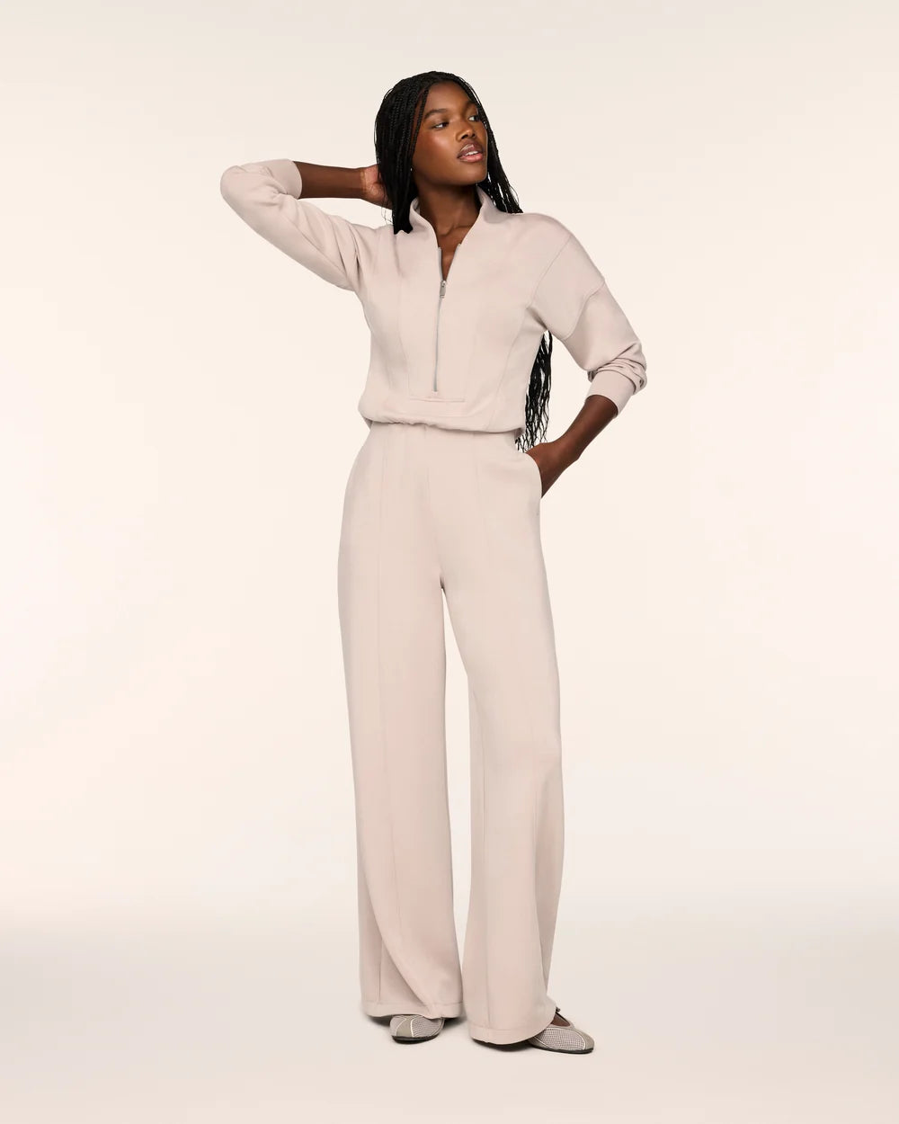 SPANX AirEssentials® Long Sleeve Shawl Collar Jumpsuit - Mushroom- PETITE