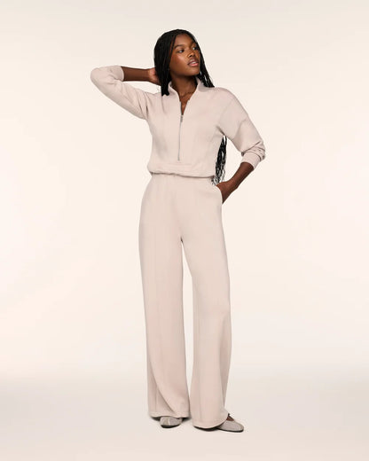 SPANX AirEssentials® Long Sleeve Shawl Collar Jumpsuit - Mushroom- PETITE