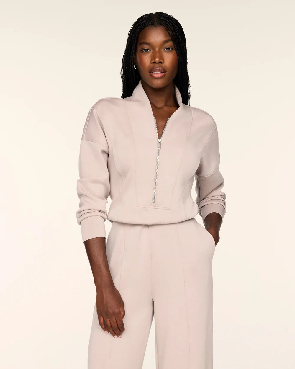 SPANX AirEssentials® Long Sleeve Shawl Collar Jumpsuit - Mushroom- PETITE
