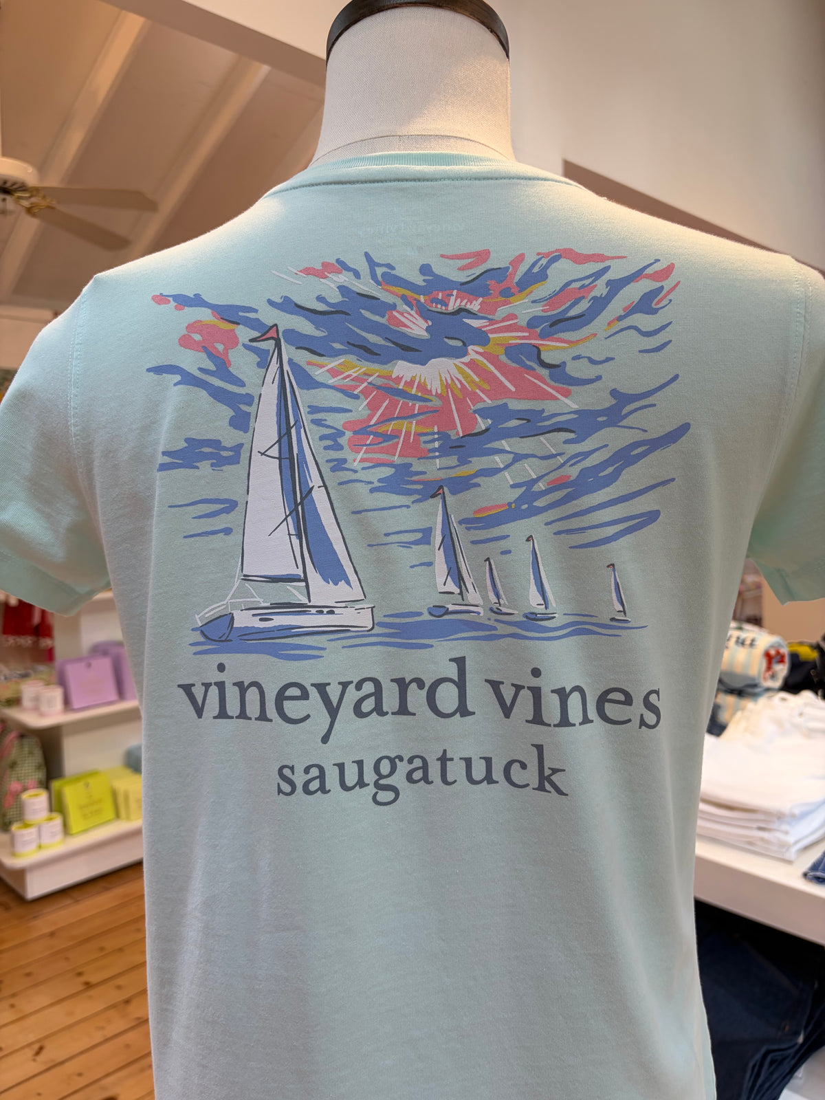 Women's Sunset Regatta Custom Saugatuck Scene Short Sleeve Tee - Bleached Aqua