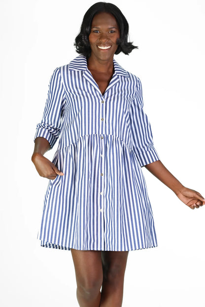Nadia Dress in Navy and White Classic Stripe