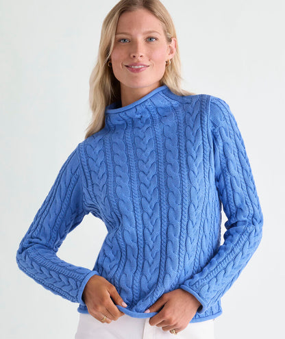 Katie Cotton Cable Mockneck Sweater - Breaker Blue