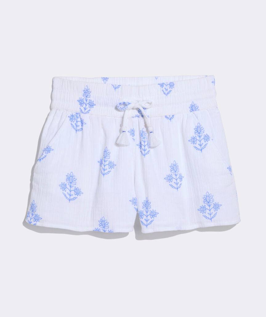 Frankie Gauze Pull-On Shorts - White Lia Blockprint