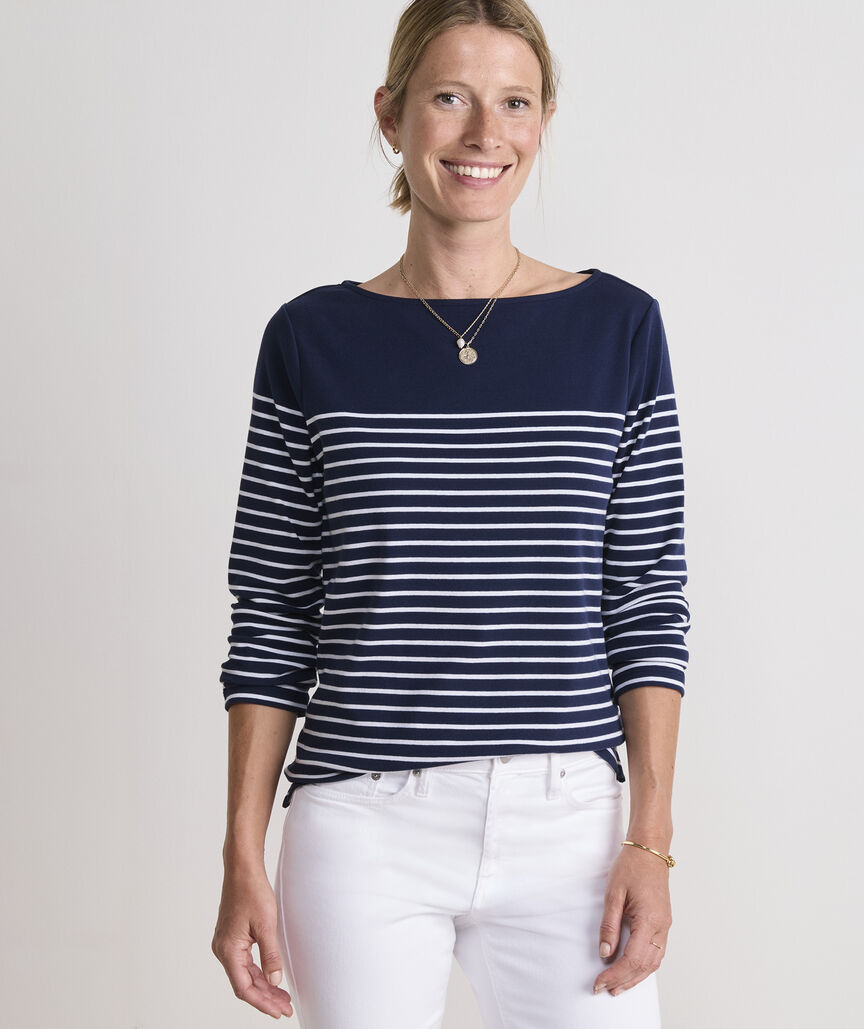 Deluxe Boatneck Top - EB Stripe - Nautical Navy/White Cap