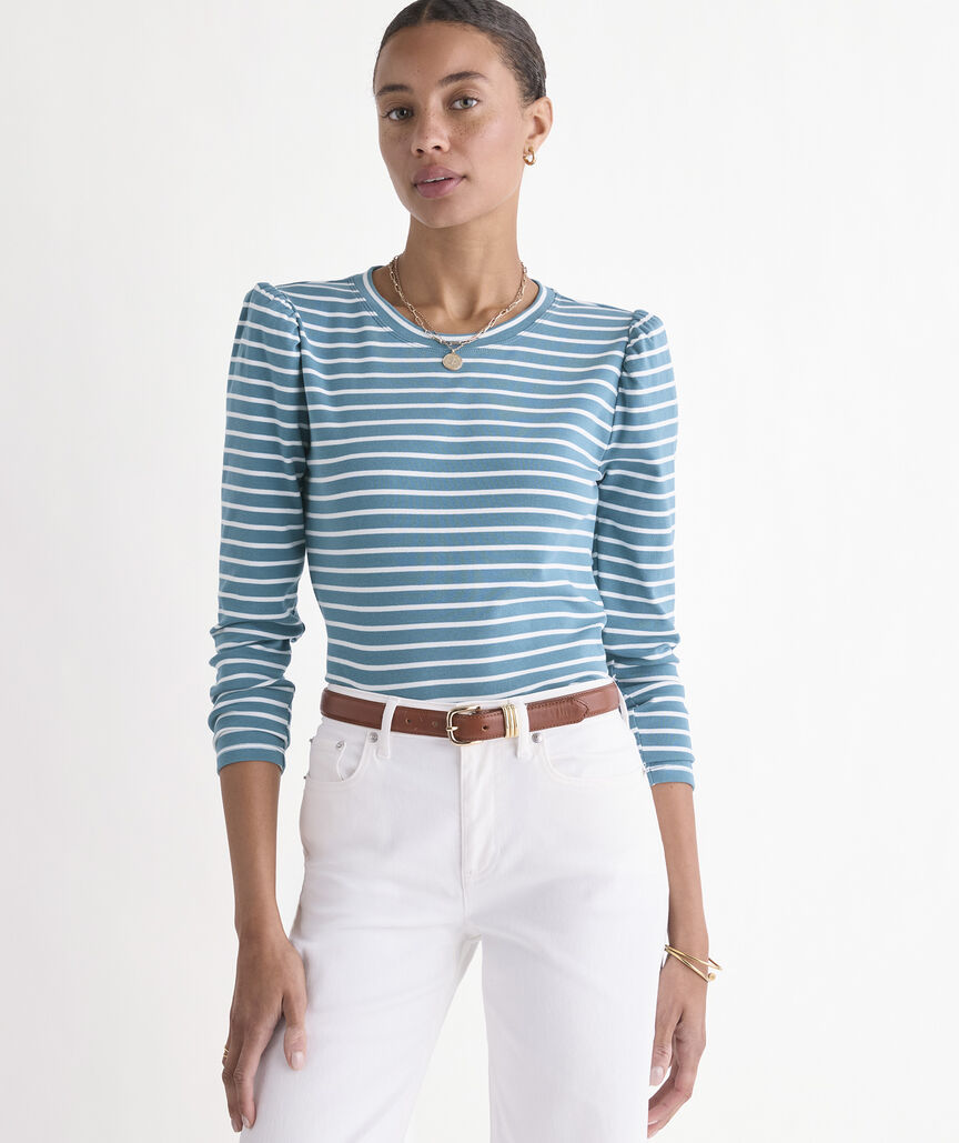 Puff Sleeve Top - Lowcountry Loden/White Stripe