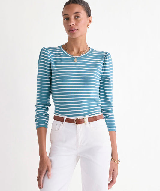 Puff Sleeve Top - Lowcountry Loden/White Stripe