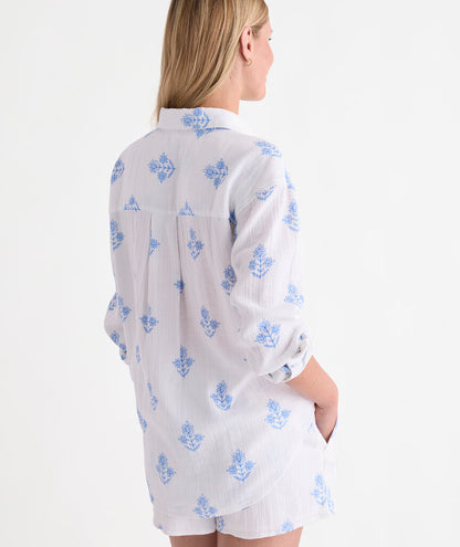 Birdie Gauze Button-Down -White Lia Blockprint