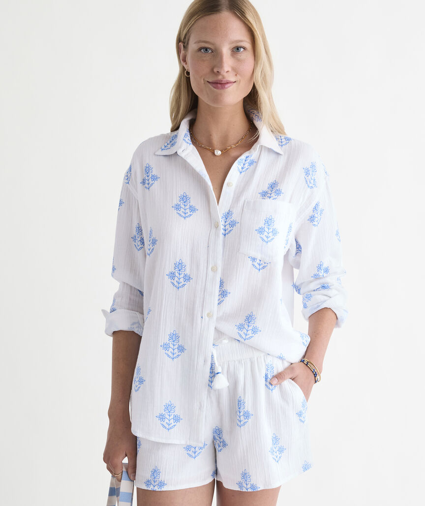 Birdie Gauze Button-Down -White Lia Blockprint