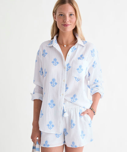 Birdie Gauze Button-Down -White Lia Blockprint